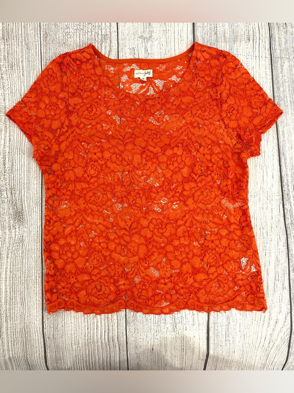 MAISON JULES Women’s Orange Sheer Floral Short Sleeve Blouse Size Medium
